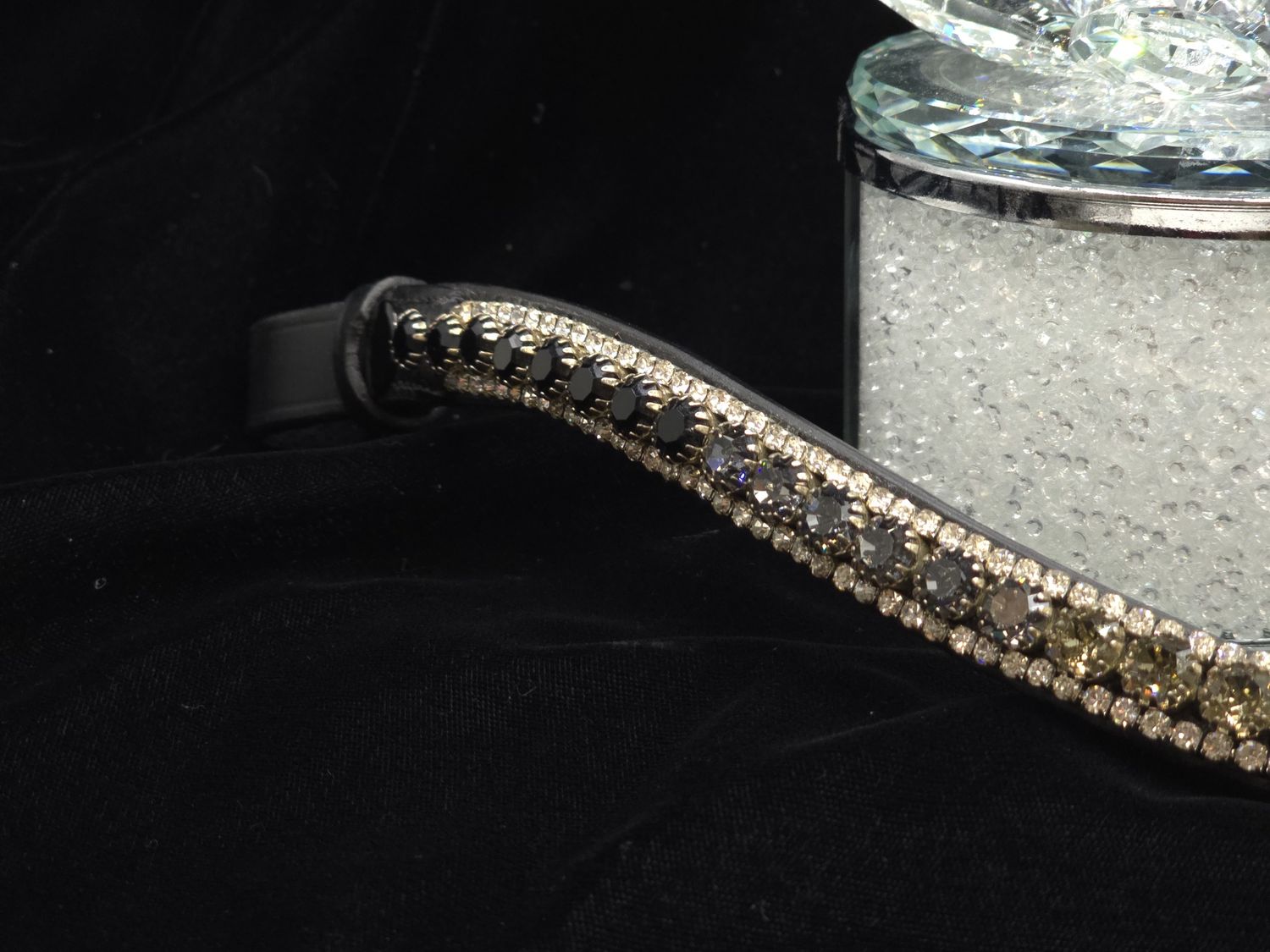 Crystal Nightfall, Black Diamond, Jet Black and Clear 3 Row 40ss Ombre PRECIOSA Glass Crystal Easy Snap On/Off – BLACK Leather Browband Crystal Nightfall, Black Diamond, Jet Black and Clear 3 Row 40ss Ombre PRECIOSA Glass Crystal Easy Snap On/Off – BLACK Leather Browband