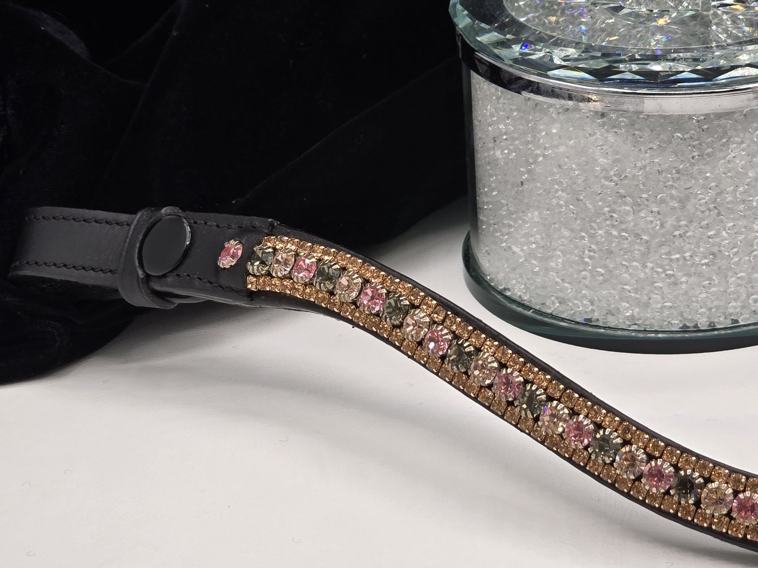 Lt Rose, Vintage Rose and Black Diamond - 3 Row PRECIOSA Glass Crystal Easy Snap On/Off – BLACK or BROWN  Leather Browband