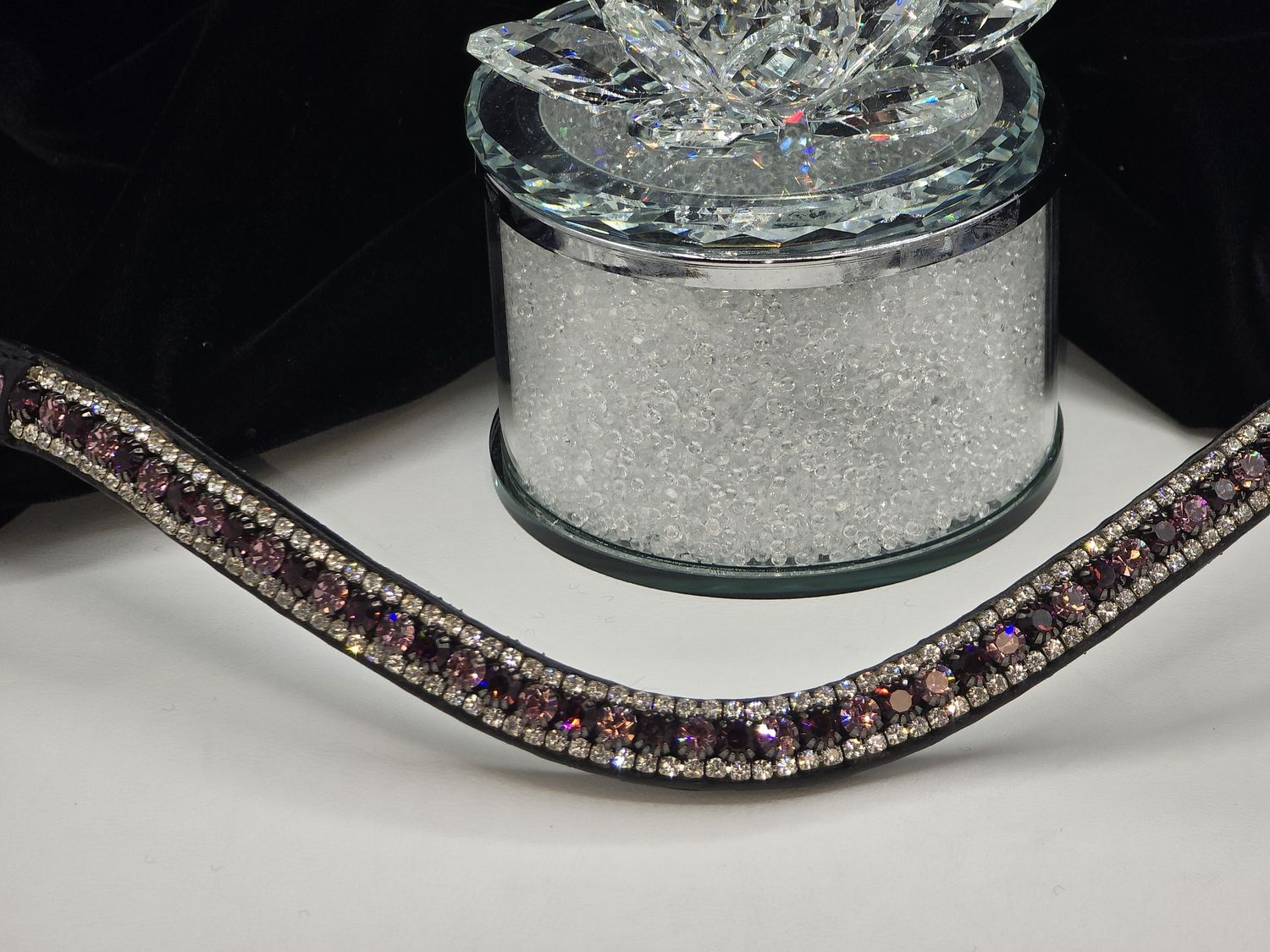 Lt. Amethyst, Amethyst and Clear 3 Row PRECIOSA Glass Crystal Easy Snap On/Off – BLACK or BROWN Leather Browband