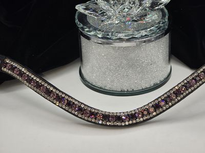 Lt. Amethyst, Amethyst and Clear 3 Row PRECIOSA Glass Crystal Easy Snap On/Off – BLACK or BROWN Leather Browband