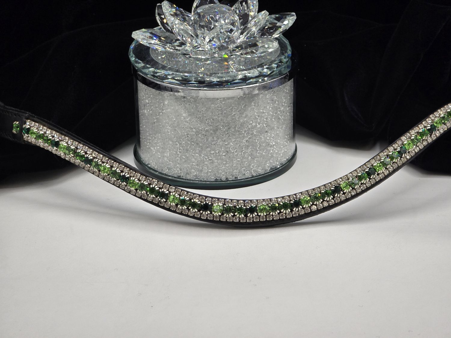 Emerald, Ernite, Peridot and Clear 3 Row PRECIOSA Glass Crystal Easy Snap On/Off – BLACK or BROWN  Leather Browband