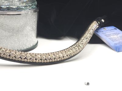 Clear Diamond 3 Row 40SS (center) PRECIOSA Glass Crystal - Easy On/Off Crystal Rivet Button Closure BLACK Leather Browband