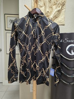 Long Sleeve Stylish Lace Vented +30UV Protect Sun Shirt - Black with Gold Rings and Chains