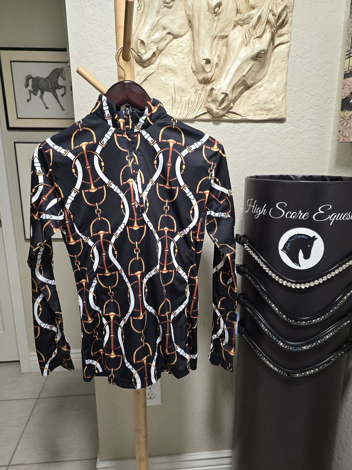 Long Sleeve Stylish Mesh Vented +30UV Protect Sun Shirt - Black with Gold Chain and White Ribbons