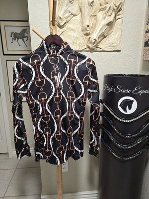 Long Sleeve Stylish Mesh Vented +30UV Protect Sun Shirt - Black with Gold Chain and White Ribbons