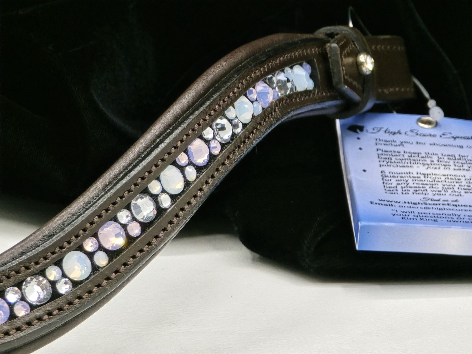 (Pink) Rose Opal, Electric White and Clear Mix Hot Fix “NO SNAG” Glass Crystal Easy Snap On/Off – Rolled Edge  BROWN Leather Browband