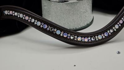 (Pink) Rose Opal, Electric White and Clear Mix Hot Fix “NO SNAG” Glass Crystal Easy Snap On/Off – Rolled Edge  BROWN Leather Browband