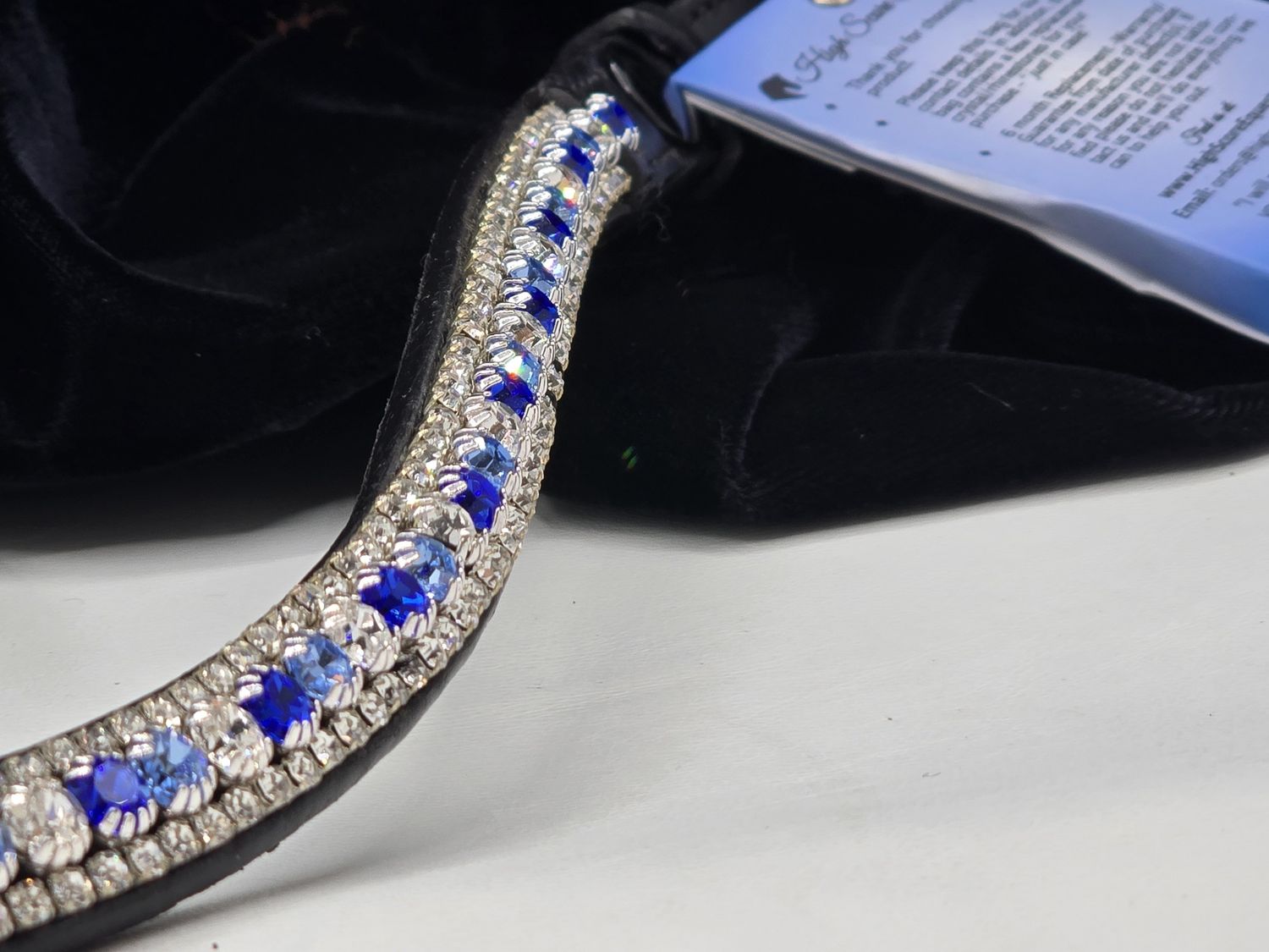 Lt. Sapphire, Sapphire and Clear 3 Row PRECIOSA Glass Crystal- Easy On/Off Snap BLACK or BROWN Leather Browband