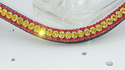 Colors of Spain - Citrine and Siam 3 Row PRECIOSA Glass Crystal, Easy Snap On/Off – BLACK or BROWN Leather Browband