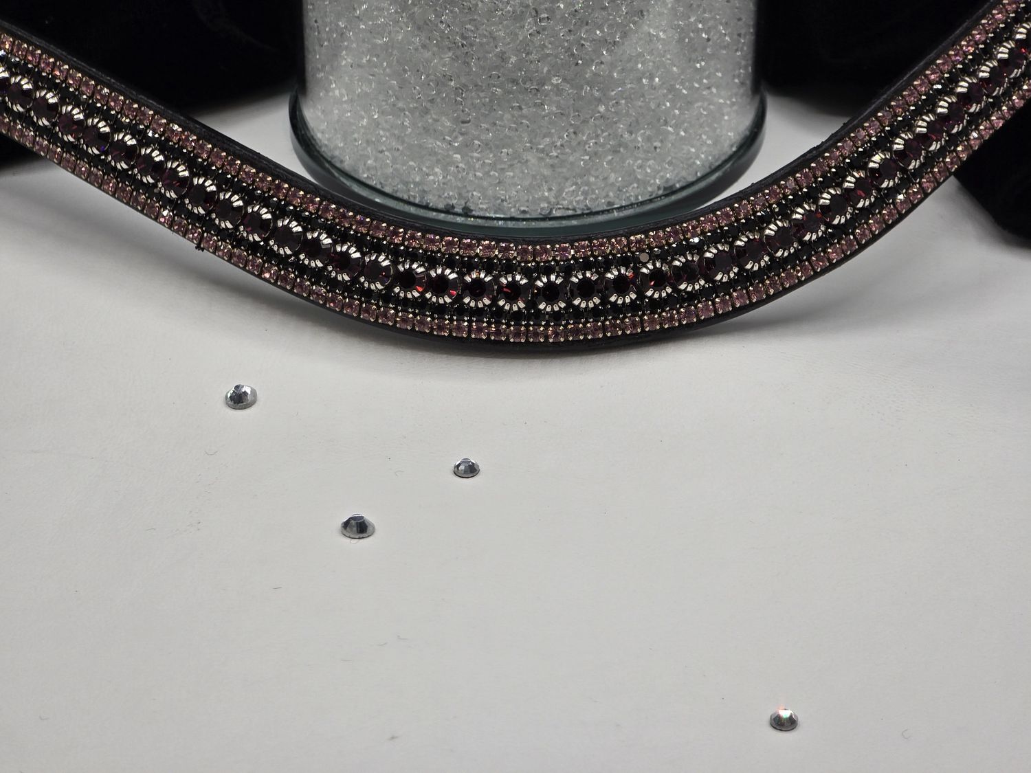 5 Row - Amethyst (Burgundy) Lt. Amethyst, Black PRECIOSA Glass Crystal - Easy On/Off Crystal Rivet Button BLACK or BROWN Leather Browband