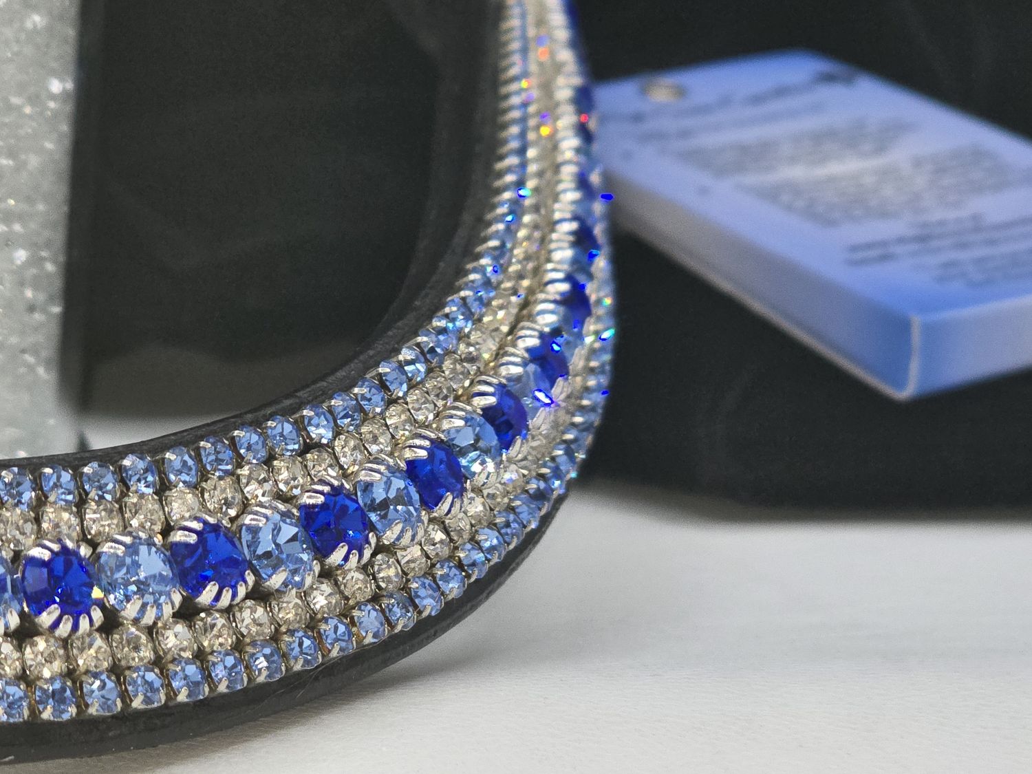 Sapphire, Lt Sapp and Clear 5 Row - PRECIOSA Glass Crystal - Easy On/Off Crystal Rivet Button BLACK or BROWN Leather Browband