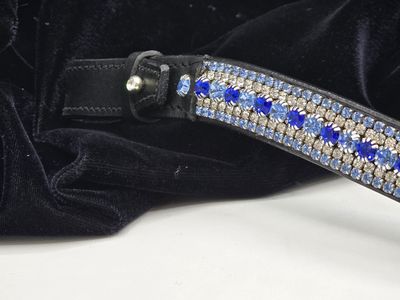V1-Sapphire, Lt Sapp and Clear 5 Row - PRECIOSA Glass Crystal - Easy On/Off Crystal Rivet Button BLACK or BROWN Leather Browband