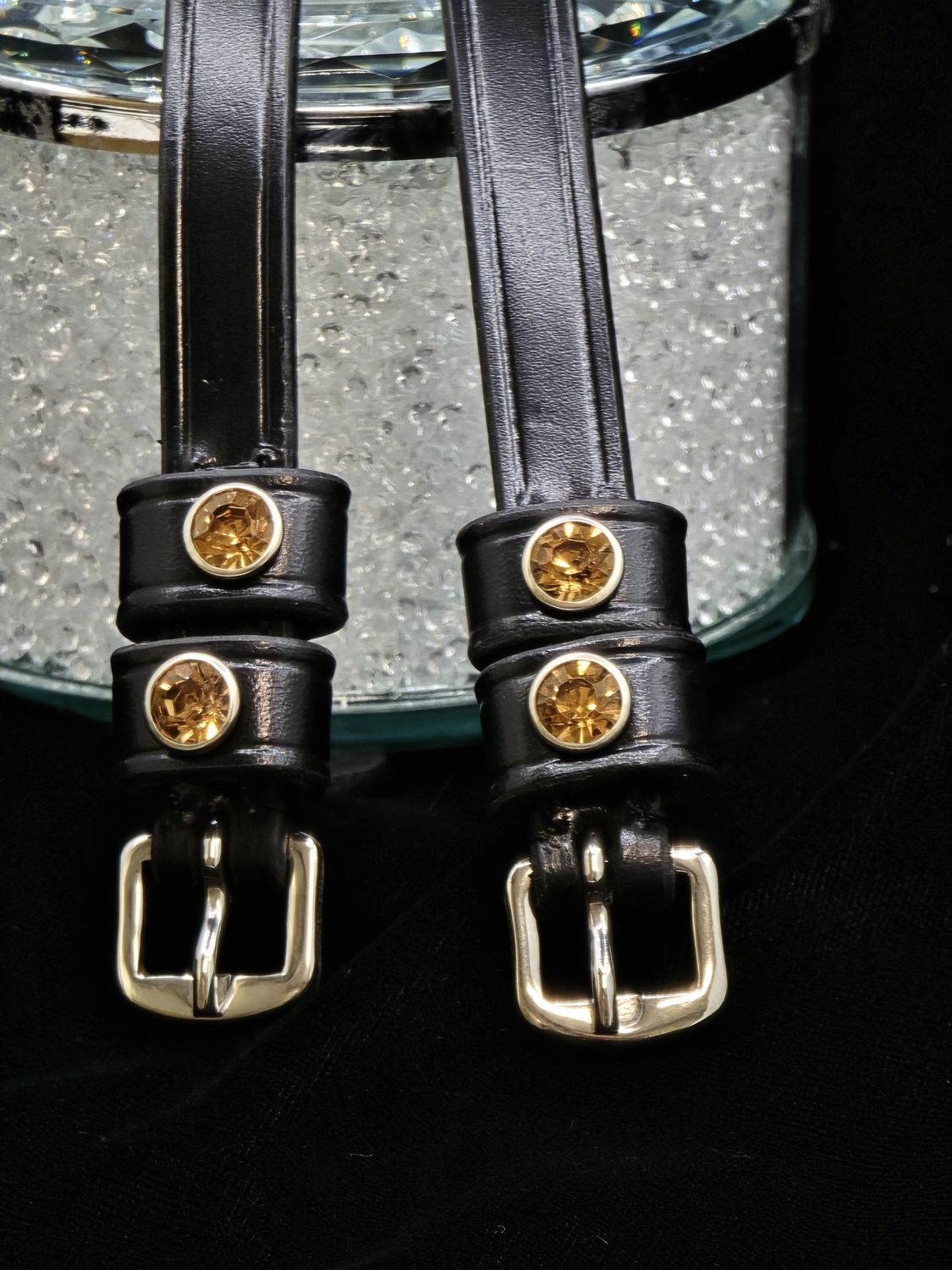 Topaz Crystal Rivet 1st &amp; 2nd Keepers - High Quality English Leather - BLACK or BROWN Spur Straps