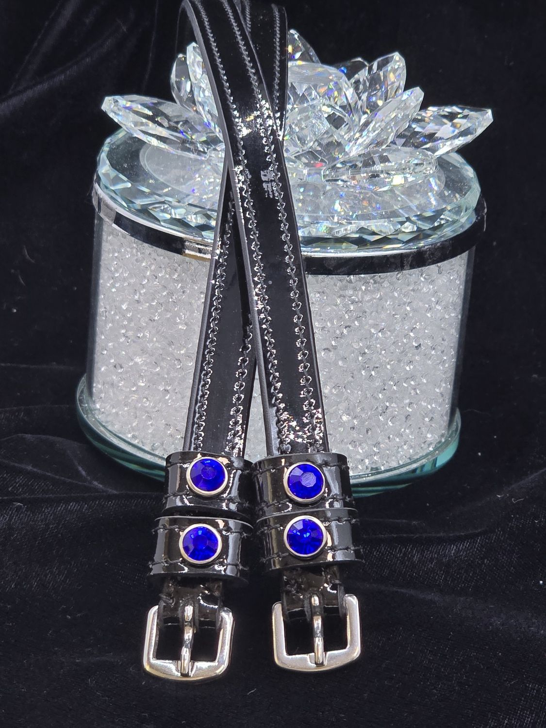 Sapphire Crystal Rivet 1st &amp; 2nd Keepers - English PATENT Leather - BLACK or BROWN Spur Straps
