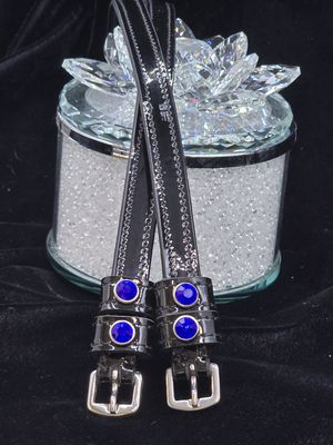 Sapphire Crystal Rivet 1st &amp; 2nd Keepers - English PATENT Leather - BLACK or BROWN Spur Straps