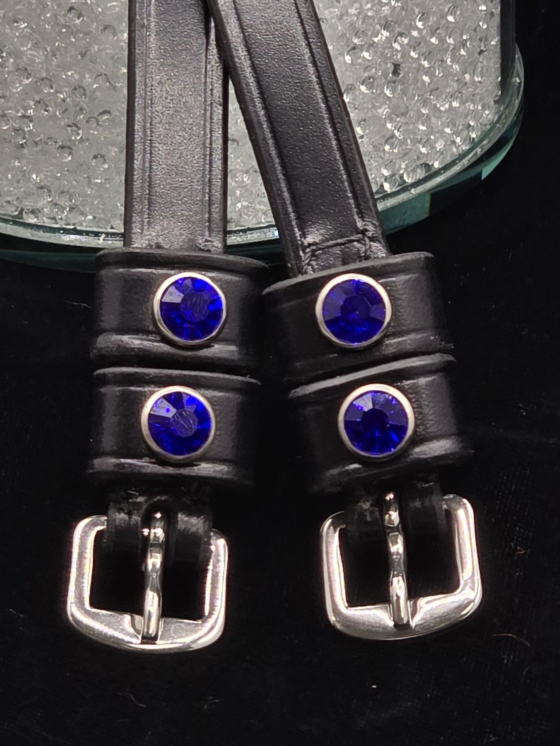 Deep Sapphire Crystal Rivet 1st &amp; 2nd Keepers High-Quality English Leather - BLACK or BROWN Spur Straps