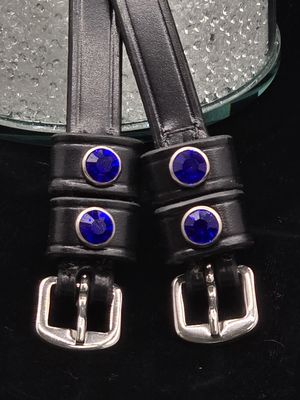 Deep Sapphire Crystal Rivet 1st &amp; 2nd Keepers High-Quality English Leather - BLACK or BROWN Spur Straps