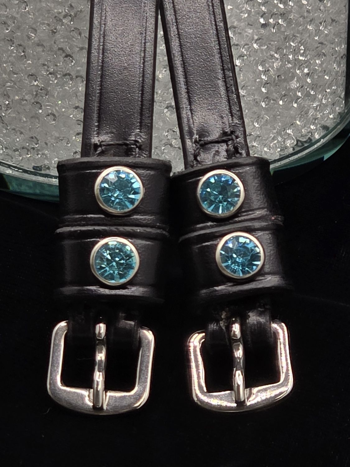 Blue Sea Foam (Lt. Aqua) Crystal Rivet 1st &amp; 2nd Keepers - High Quality English Leather - BLACK or BROWN Spur Straps