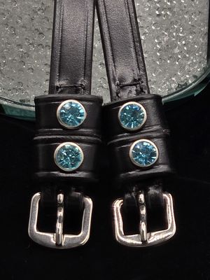 Blue Sea Foam (Lt. Aqua) Crystal Rivet 1st &amp; 2nd Keepers - High Quality English Leather - BLACK or BROWN Spur Straps