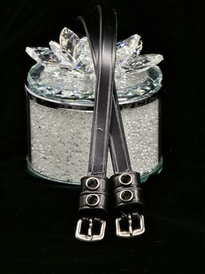 Jet Black Crystal Rivet 1st &amp; 2nd Keepers - High Quality English Leather - BLACK Spur Straps