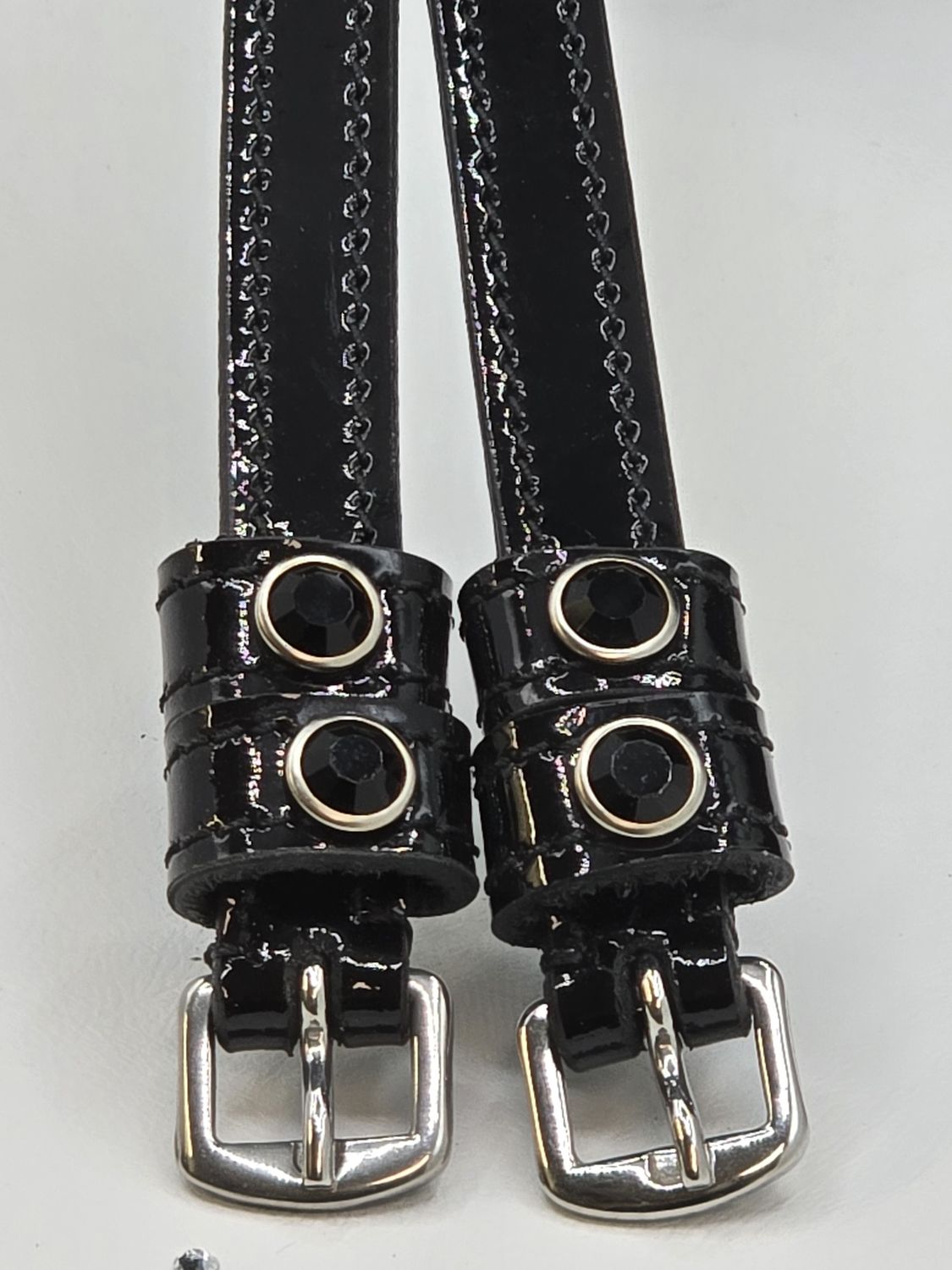 Jet Black Crystal Rivet 1st &amp; 2nd Keepers -  PATENT Leather - BLACK Spur Straps