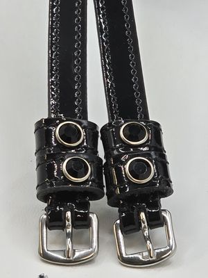 Jet Black Crystal Rivet 1st &amp; 2nd Keepers -  PATENT Leather - BLACK Spur Straps