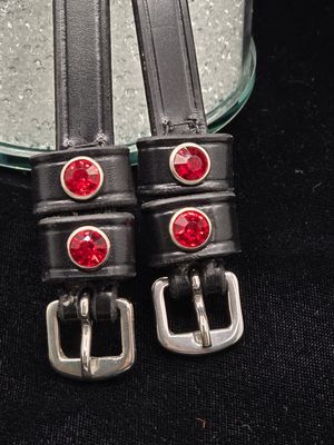 Siam Red Crystal Rivet 1st &amp; 2nd Keepers - High Quality English Leather - BLACK  Spur Straps
