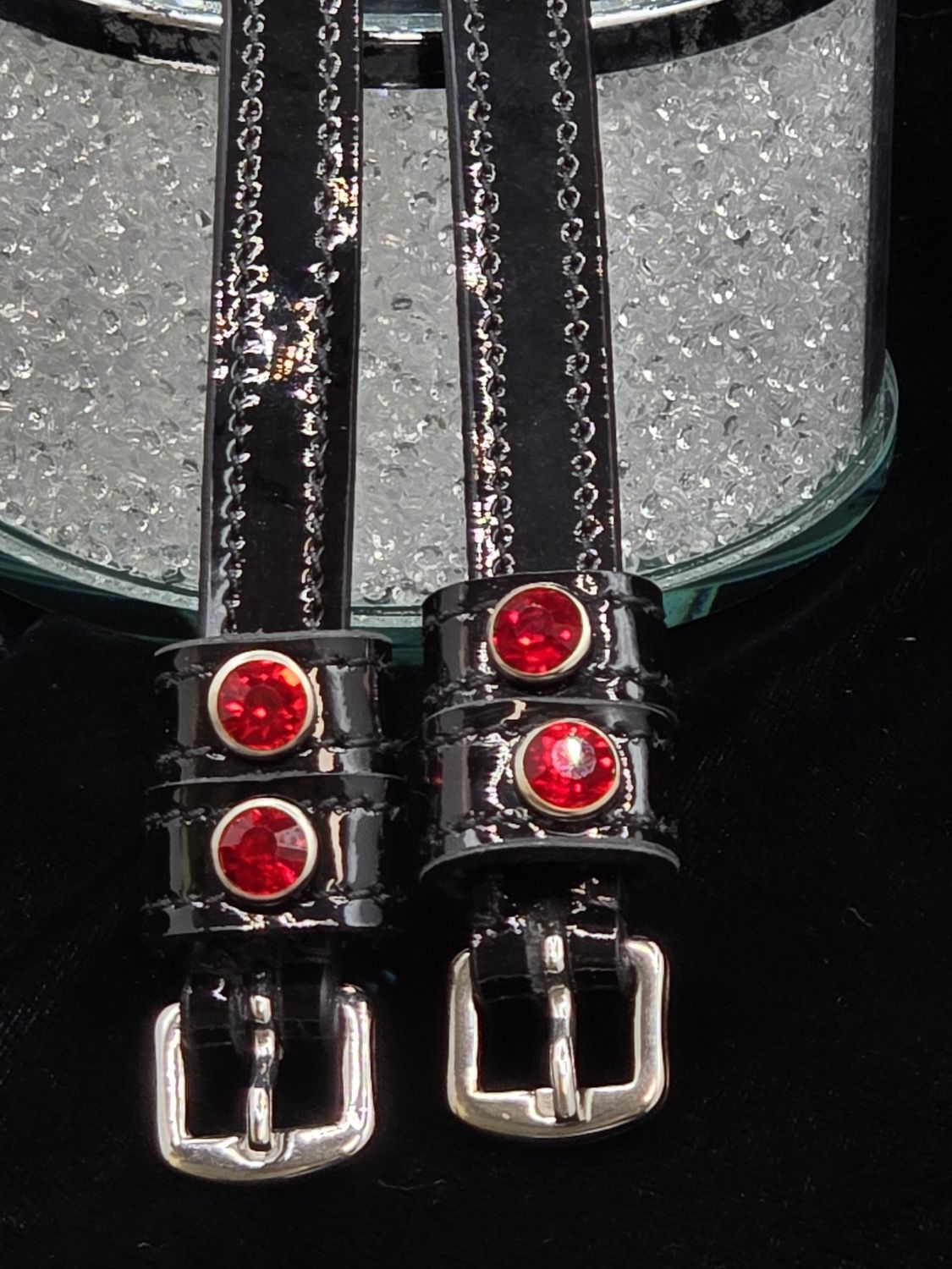 Siam Red Crystal Rivet 1st &amp; 2nd Keepers - PATENT Leather - BLACK Spur Straps
