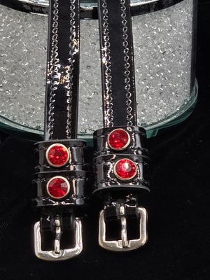 Siam Red Crystal Rivet 1st &amp; 2nd Keepers - PATENT Leather - BLACK Spur Straps