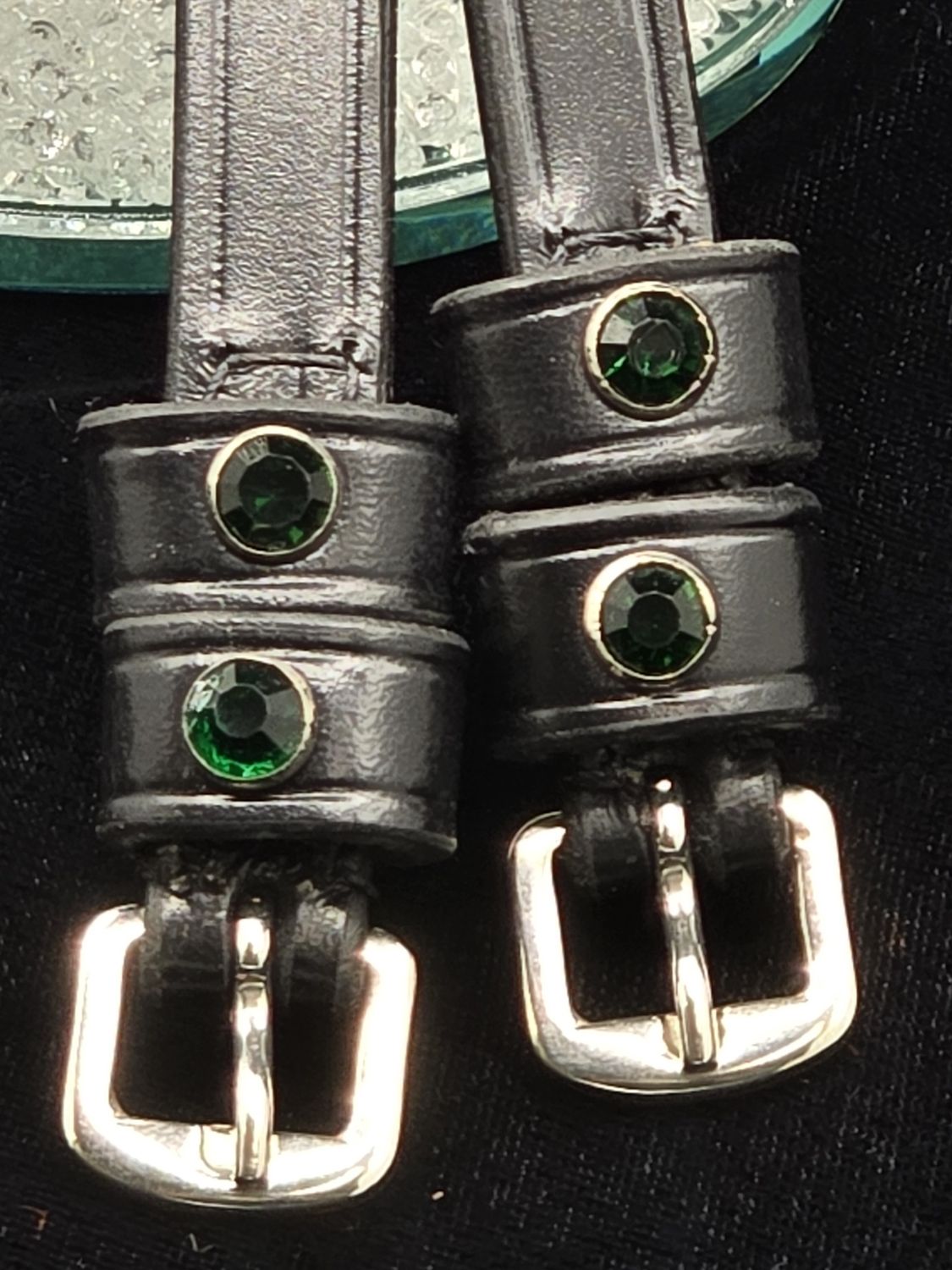 Emerald Green Crystal Rivet 1st &amp; 2nd Keepers - High Quality English Leather - BLACK or BROWN Spur Straps