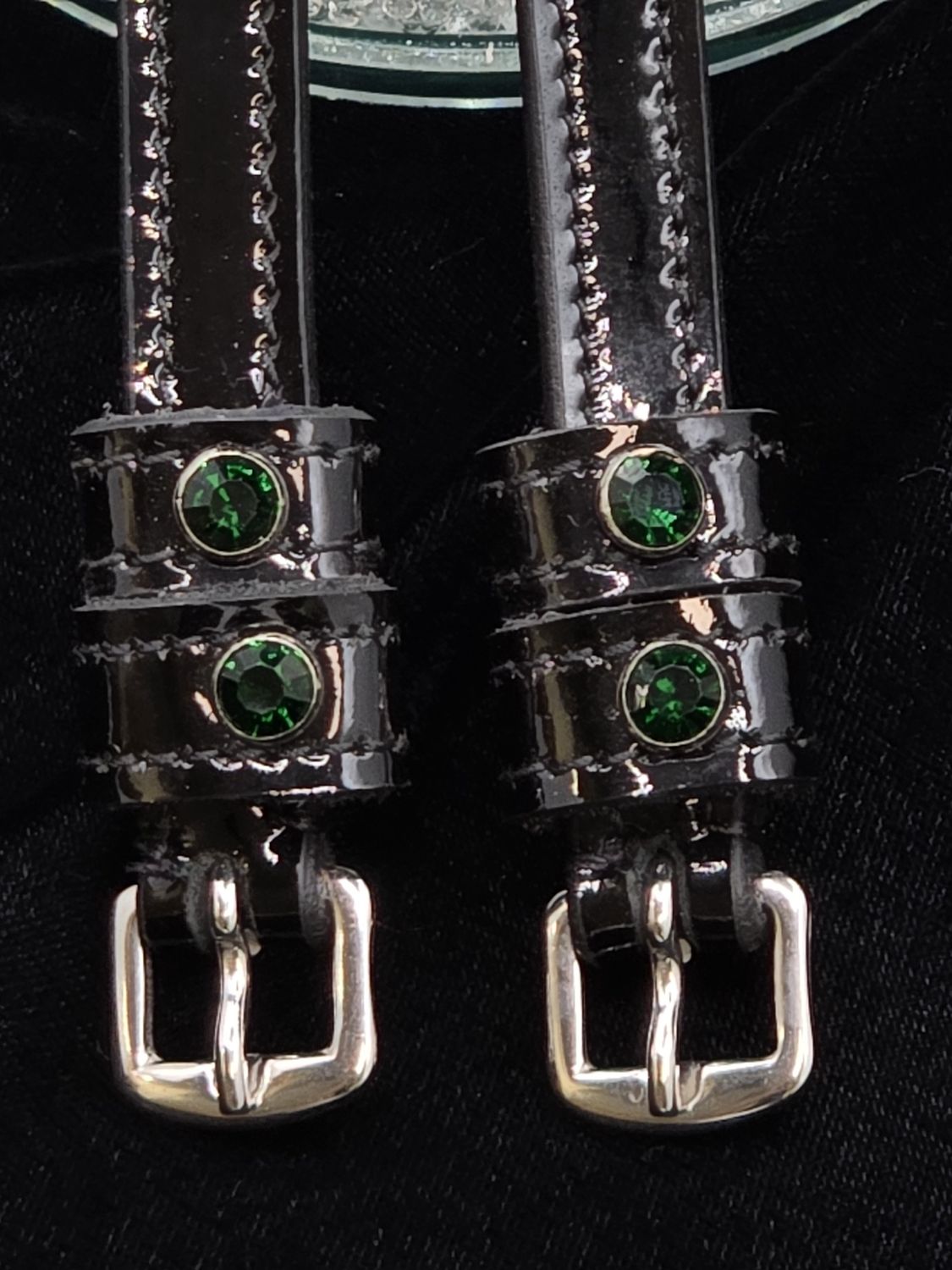 Emerald Green Crystal Rivet 1st &amp; 2nd Keepers - PATENT Leather - BLACK or BROWN Spur Straps