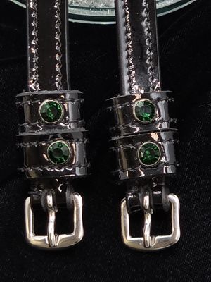 Emerald Green Crystal Rivet 1st &amp; 2nd Keepers - PATENT Leather - BLACK or BROWN Spur Straps