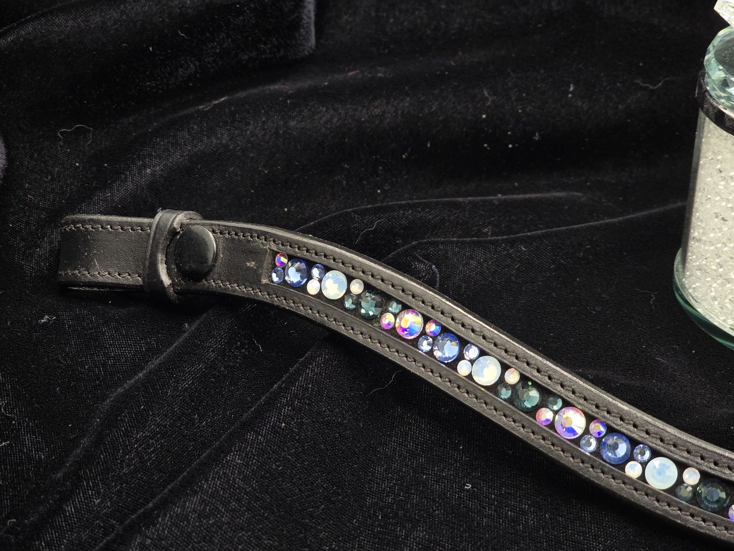 Lt. Sapphire, Montana, Opal and AB Iridescent Mix Hot Fix “NO SNAG” Glass Channel Inlaid Crystal - Easy On/Off Snap BLACK Leather Browband