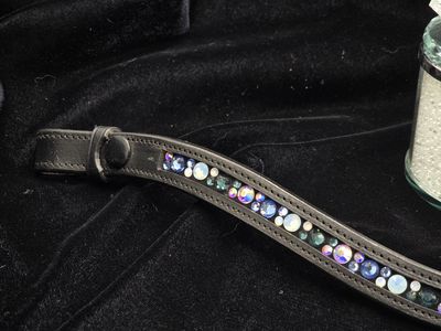 Lt. Sapphire, Montana, Opal and AB Iridescent Mix Hot Fix “NO SNAG” Glass Channel Inlaid Crystal - Easy On/Off Snap BLACK Leather Browband