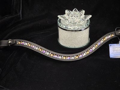 Lt. Topaz, AB Iridescent and Clear Mix Hot Fix “NO SNAG” Channel Inlay Glass Crystal - Easy On/Off Crystal Rivet Button Closure BLACK or BROWN Leather Browband
