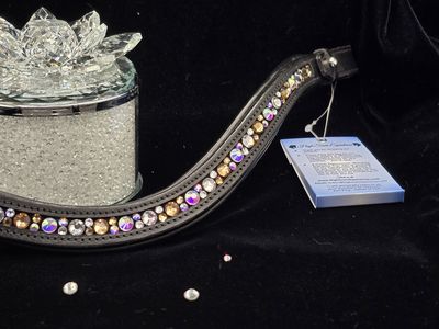 Lt Topaz, AB Iridescent AB Mix Hot Fix “NO SNAG” Glass Crystal - Easy On/Off Crystal Rivet Button Closure BLACK or BROWN PADDED Leather Browband