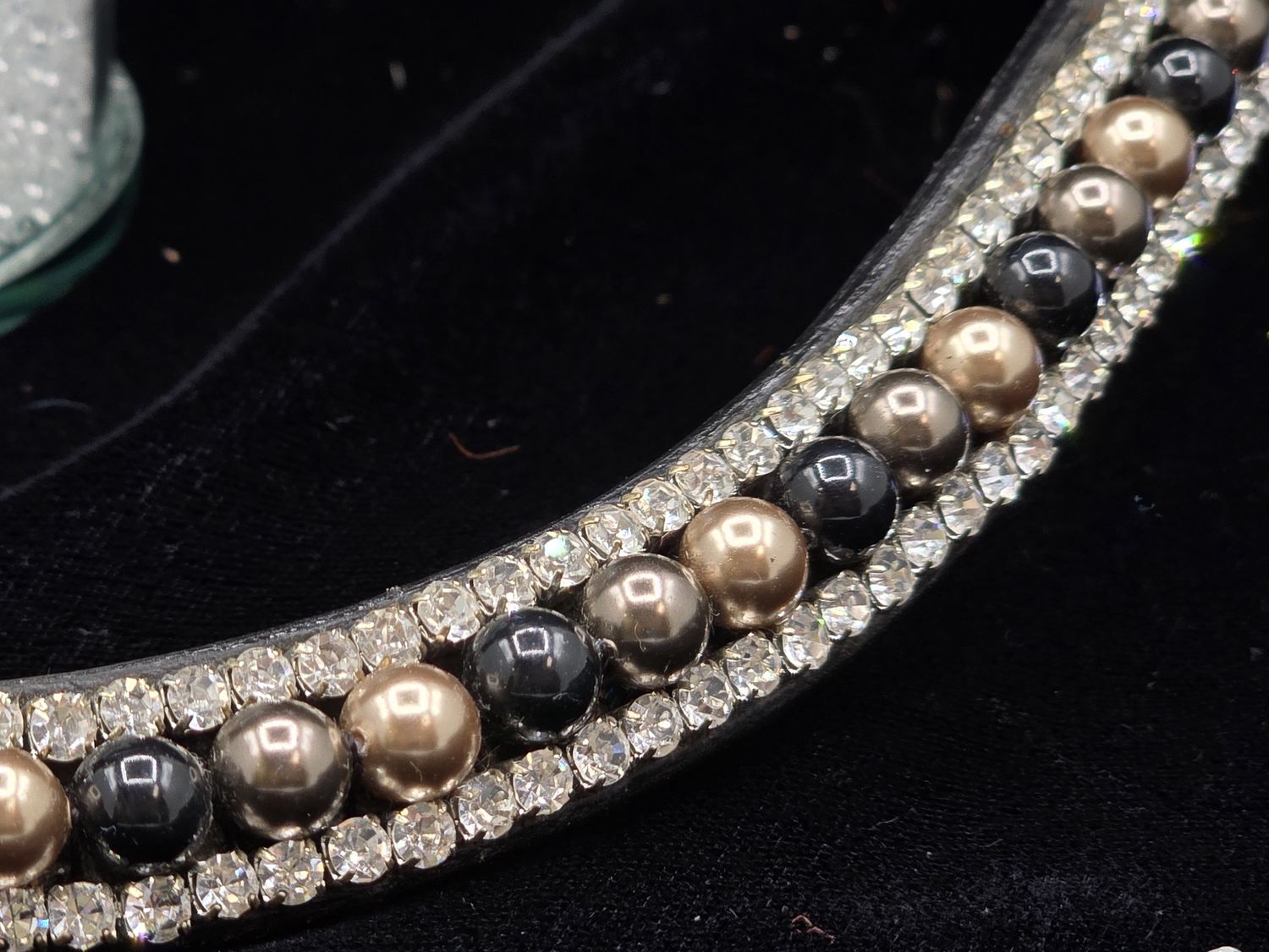 Bronze, Brown and Jet Black - Pearl and Clear Glass Crystal 3 Row PRECIOSA -Easy On/Off Crystal Rivet Button Closure BLACK Leather Browband