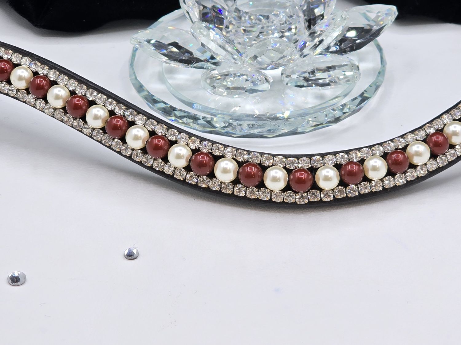 Cream and Bordeaux Pearl and Clear Glass Crystal 3 Row PRECIOSA -Easy On/Off Crystal Rivet Button Closure BLACK or BROWN Leather Browband