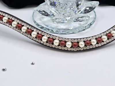 Cream and Bordeaux Pearl and Clear Glass Crystal 3 Row PRECIOSA -Easy On/Off Crystal Rivet Button Closure BLACK or BROWN Leather Browband