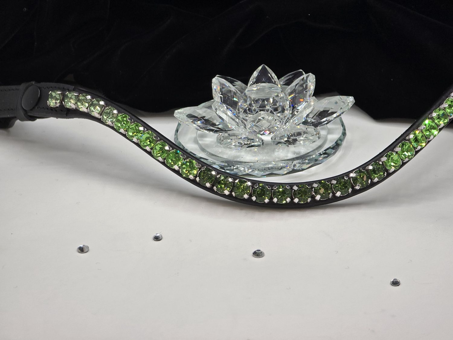 Green Ernite, Peridot, Chrysolite 1 Row Ombre 48ss (11mm) PRECIOSA Glass Crystal -Easy On/Off Snap BLACK or BROWN Leather Browband