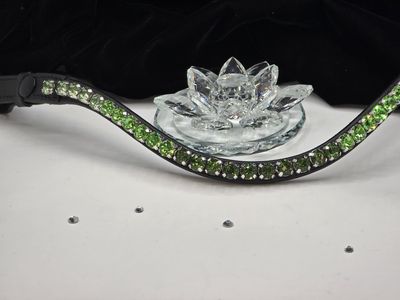 Green Ernite, Peridot, Chrysolite 1 Row Ombre 48ss (11mm) PRECIOSA Glass Crystal -Easy On/Off Snap BLACK or BROWN Leather Browband