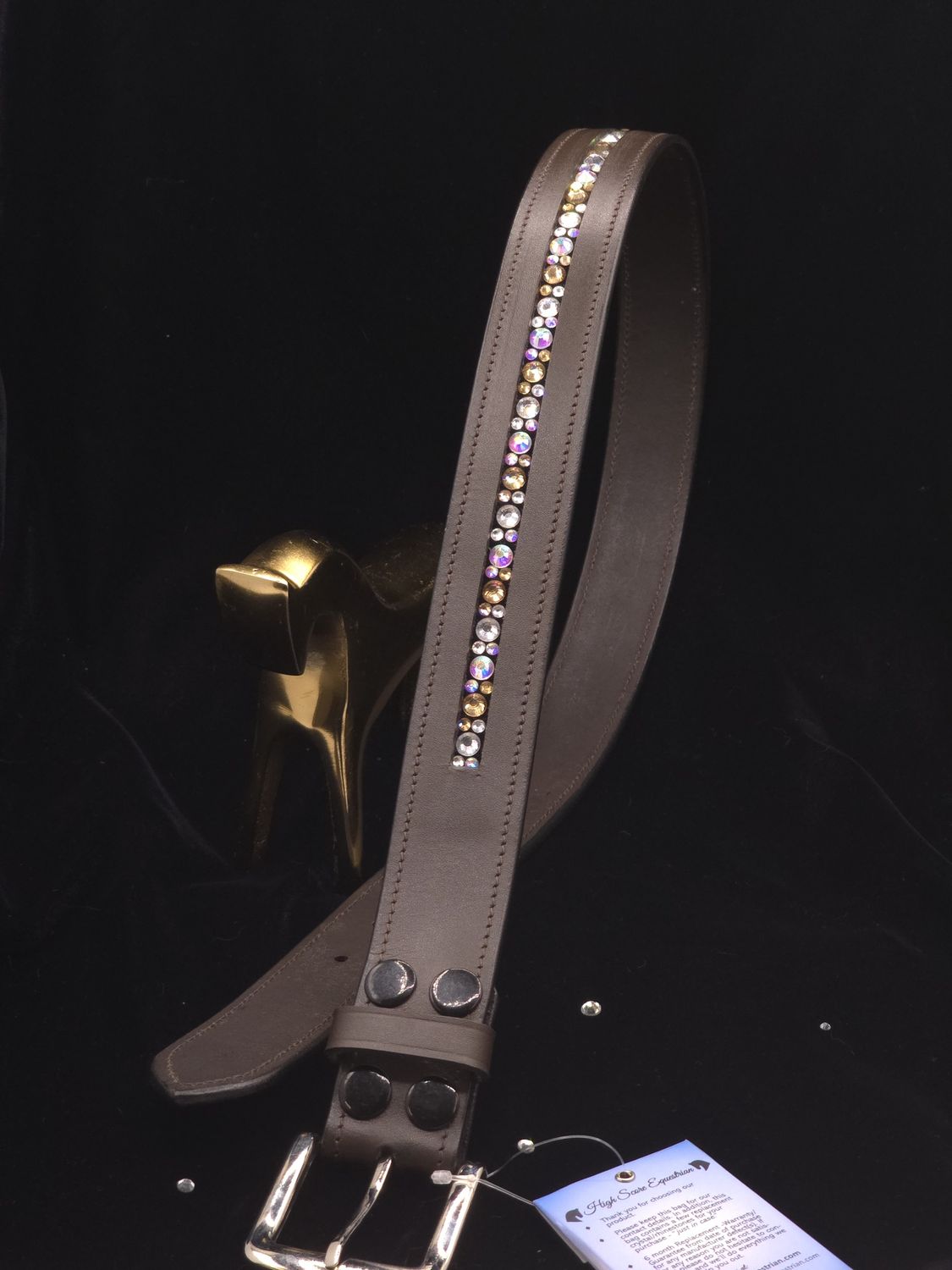 Light Colorado Topaz, AB Clear 1 Row - Mix Pattern “NO SNAG” Glass Crystal – High Quality BROWN Leather Belt - “EASY SWITCH” Snap On/Off Buckle