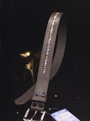 Light Colorado Topaz, AB Clear 1 Row - Mix Pattern “NO SNAG” Glass Crystal – High Quality BROWN Leather Belt - “EASY SWITCH” Snap On/Off Buckle