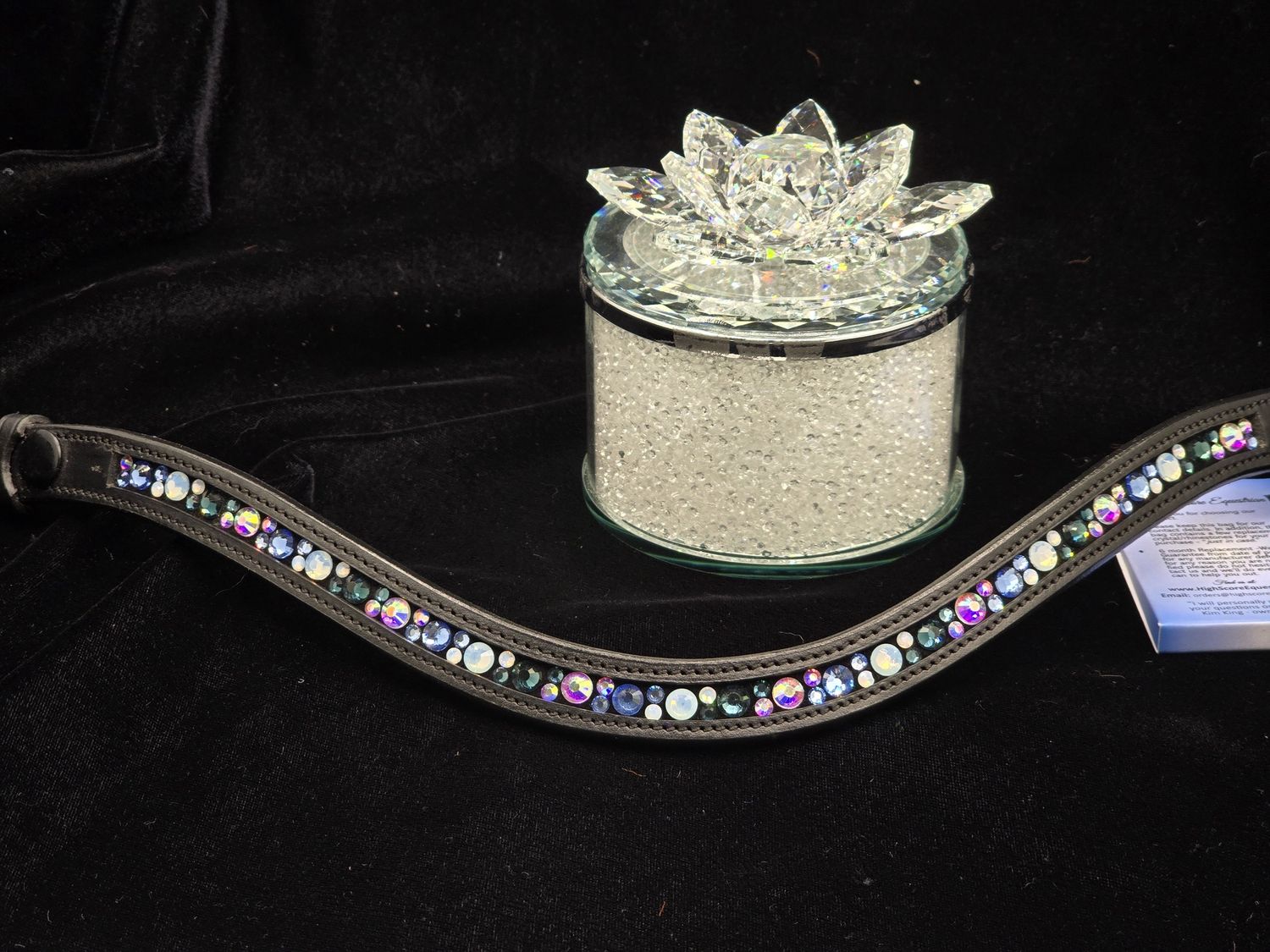 Montana, Sapphire, Iridescent AB Mix Hot Fix “NO SNAG” Glass Crystal - Easy On/Off Snap PADDED ROLLED EDGE BLACK Leather Browband