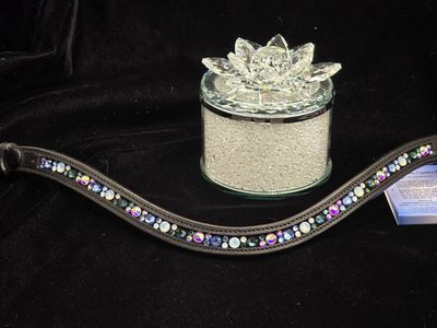 Montana, Sapphire, Iridescent AB Mix Hot Fix “NO SNAG” Glass Crystal - Easy On/Off Snap PADDED ROLLED EDGE BLACK Leather Browband
