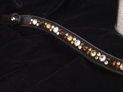 Mocha, Topaz and Clear-Hot Fix “NO SNAG-Secure Stitch” Glass Crystal - Easy On/Off Crystal Rivet Button Closure BLACK or BROWN Leather Browband V2