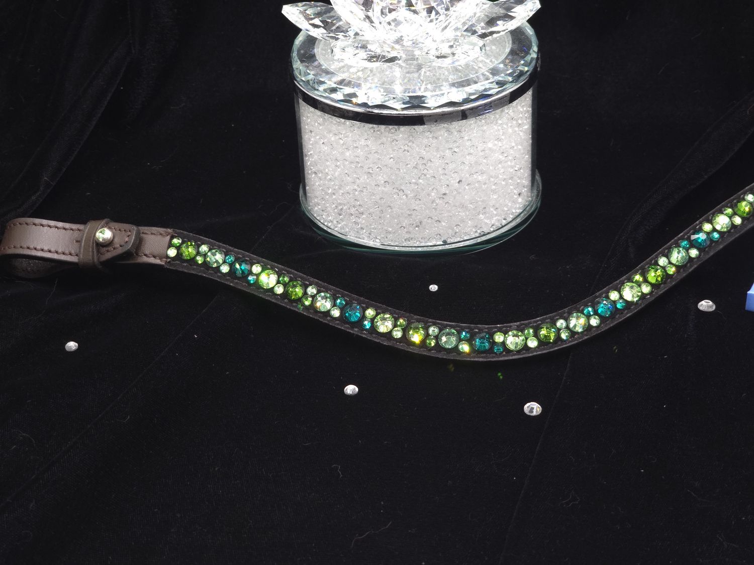 Emerald, Ernite, Turmaline and Fern Green- Hot Fix “NO SNAG-Secure Stitch” Glass Crystal - Easy On/Off Crystal Rivet Button Closure BLACK or BROWN Leather Browband