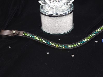 Emerald, Ernite, Turmaline and Fern Green- Hot Fix “NO SNAG-Secure Stitch” Glass Crystal - Easy On/Off Crystal Rivet Button Closure BLACK or BROWN Leather Browband