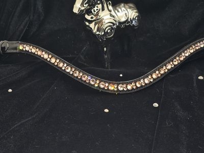 Peach, Gold Quartz amd Lt Gold Qtz Hot Fix “NO SNAG-Secure Stitch&quot; Glass Crystal - Easy On/Off Snap BLACK or BROWN Leather Browband