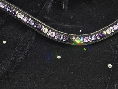 V-2 Deep Purple, Tanzanite Violet and Clear Hot Fix “NO SNAG-Secure Stitch” Glass Crystal - Easy On/Off Crystal Rivet Button Closure BLACK  or BROWN Leather Browband